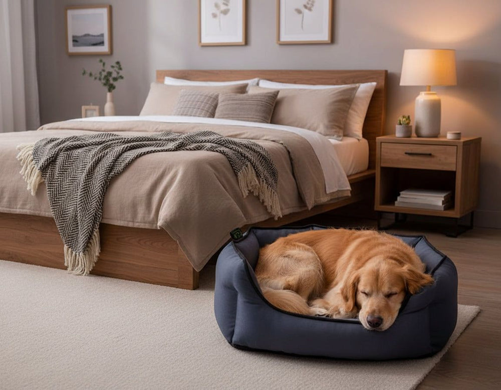 Komfortbett oval "Esat" in gemütlichem Schlafzimmer mit beige-grauen Bettwaren und stilvollem Nachttisch.