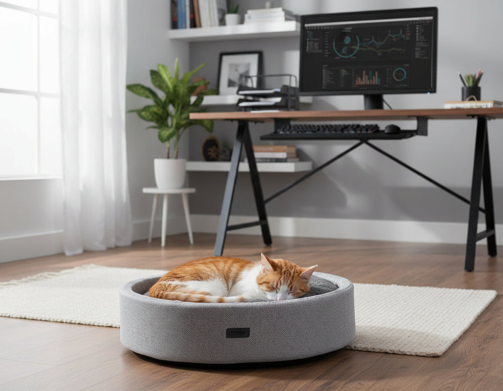 Katze schläft in rundem grauen Komfortbett Jasin, modernem Arbeitsplatz im Hintergrund mit Pflanzen und Computer.