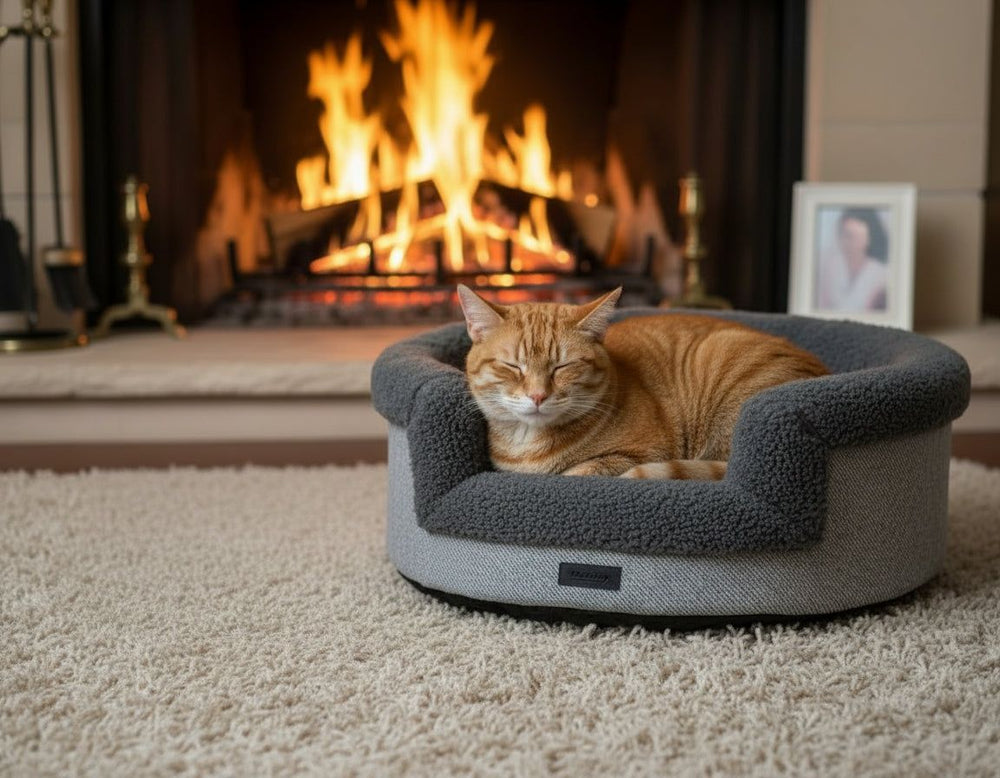 Gemütliche, graue Katzenliege Jasin mit entspannter orangefarbener Katze vor offenem Kamin und schönem Ambiente.