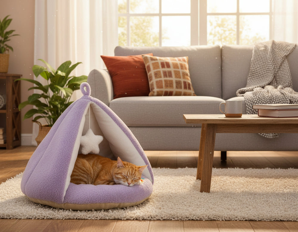 Gemütliches lila Komfortzelt für Katzen mit schlafender orangefarbener Katze in einem hellen Raum.