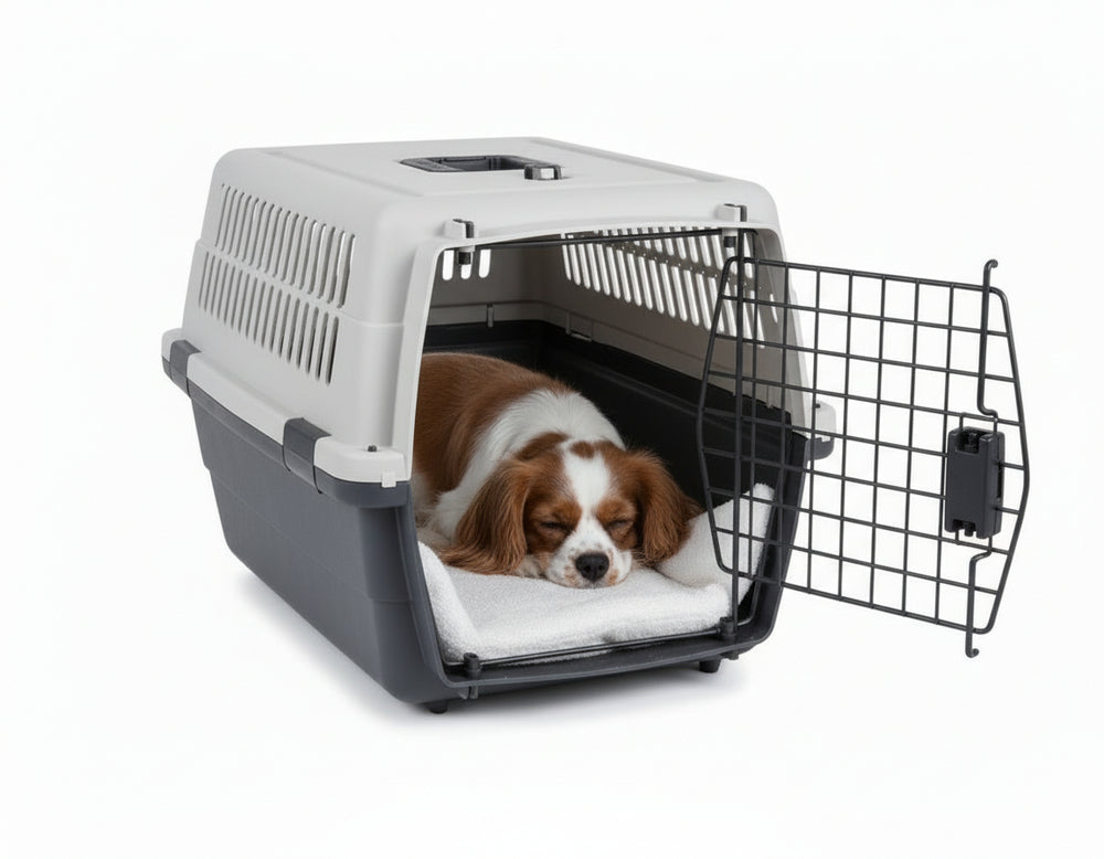 Schlafender Hund in einer grauen und schwarzen Hundebox mit Lüftungsöffnung und offener Drahtgittertür.