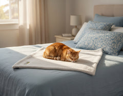 Schlafende orangefarbene Katze auf einem Bett mit Kissen und Nachttisch in gemütlicher Schlafzimmeratmosphäre.