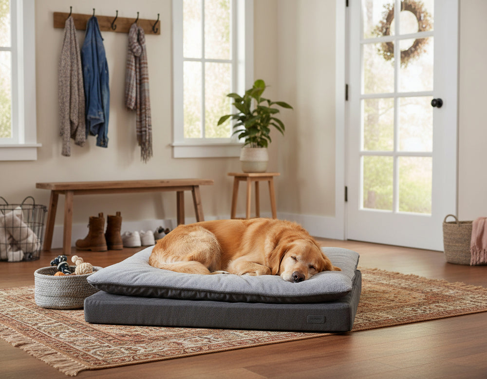 Hund schläft entspannend auf grauer Komfortmatte Vara in einem hellen Raum mit Holzfußboden.