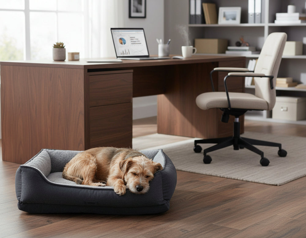 Gemütlicher Arbeitsplatz mit Holzschreibtisch, Bürostuhl, Hund auf einem Hundebett und Laptop mit Diagrammen.