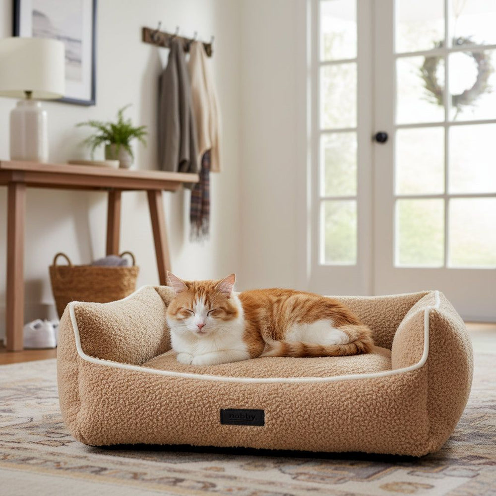 Gemütliches, hellbeiges Katzenbett Cloudy mit schlafender orange-weißer Katze in einem hellen Zimmer.