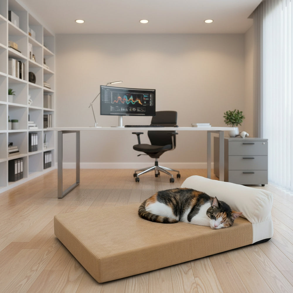 "Moderne Büroumgebung mit Schreibtisch, ergonomischem Stuhl, Computer und schlafender Katze auf Hundebett."