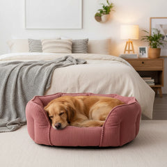 Golden Retriever schläft entspannt in rosa Hundebett im stilvollen Schlafzimmer mit Nachttisch und Pflanze.