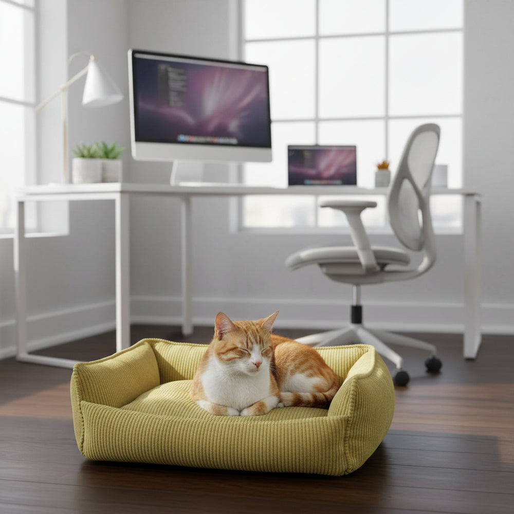 Gemütliches Katzenbett KIREK in Gelb, umgeben von hellem Arbeitsbereich und schlafender orange-weißer Katze.