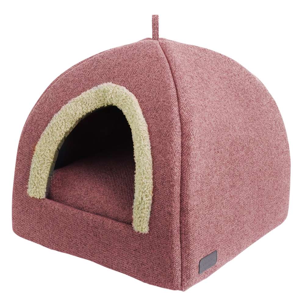 Gemütliches Haustierhaus in Zeltform, ovaler Eingang, weiches rotes Material für Komfort. Ideal für Haustiere zum Entspannen.