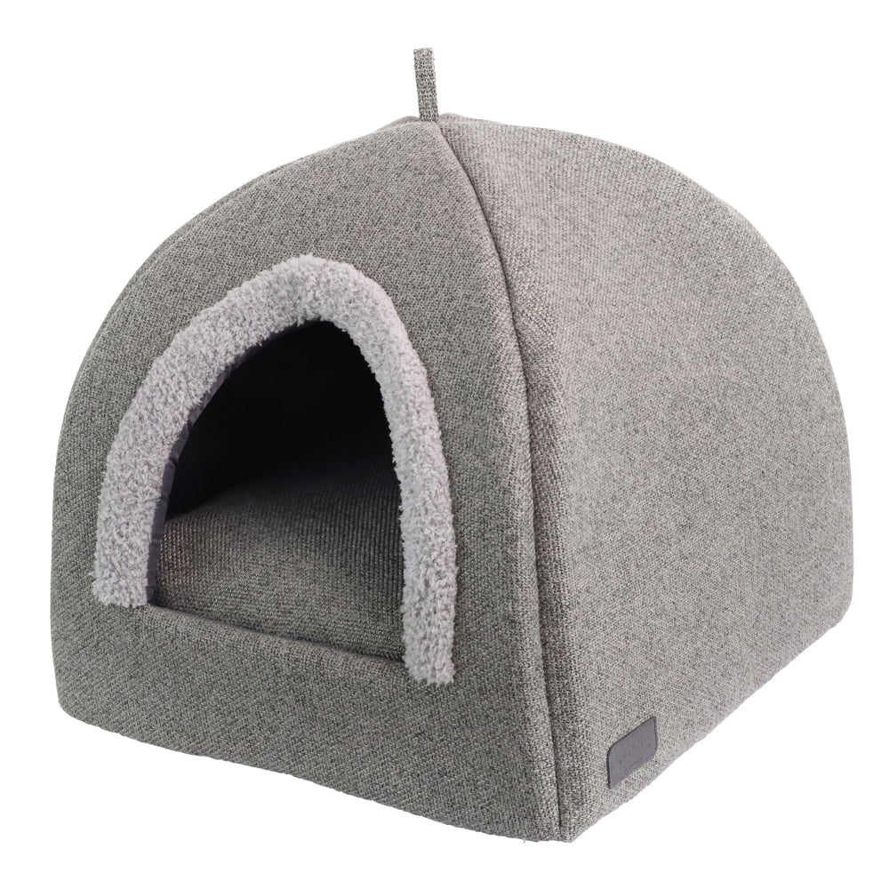 Graues Katzenhaus in Höhlenform mit flauschigem Eingang aus weichem Material. Ideal für perfekte Rückzugsmöglichkeiten für Katzen.