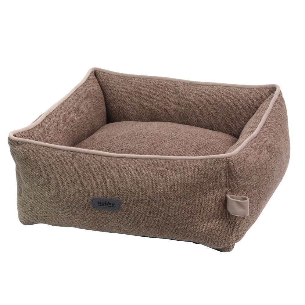 "Komfortbett Linou für Hunde in quadratischer Form, braun mit weicher Polsterung und heller Umrandung."