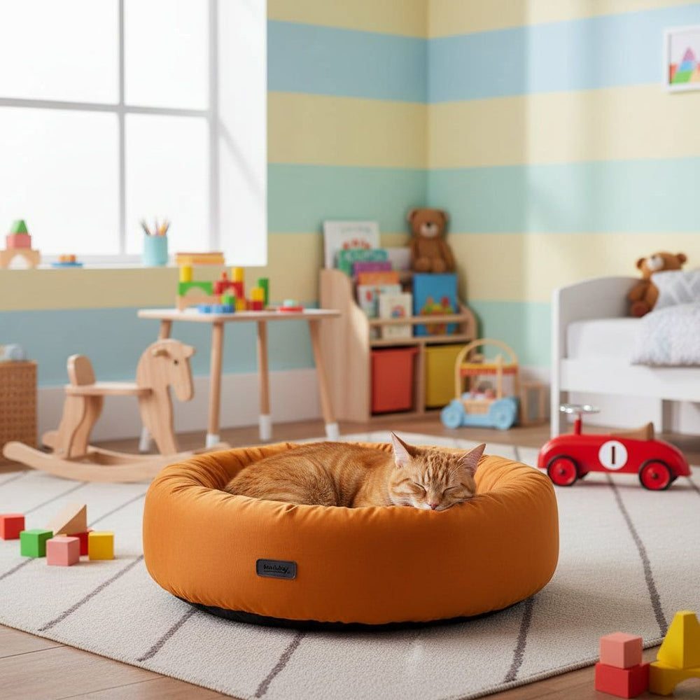 Gemütlicher Katzenkorb in buntem Kinderzimmer, katze liegt entspannt, im Hintergrund Spielzeuge und Holzspielzeugpferd.