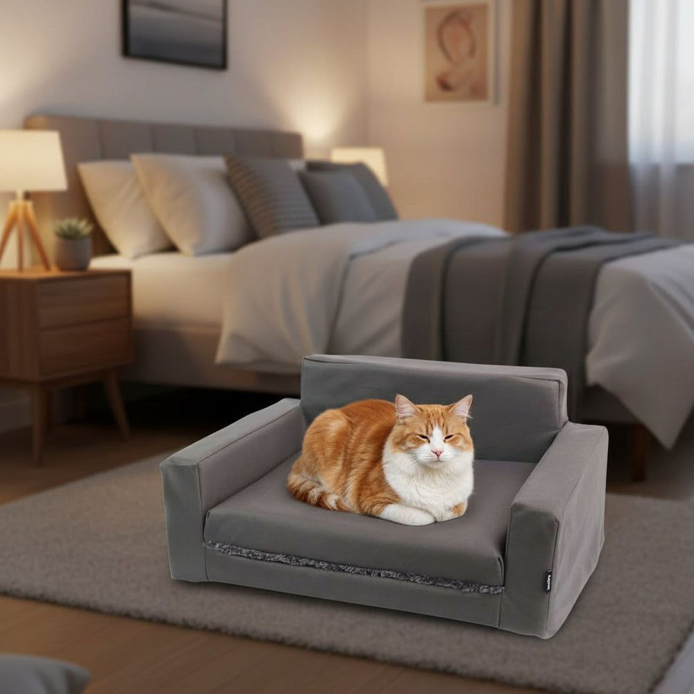 Gemütliches graues Hundebett im modernen Schlafzimmer, mit entspannter orange-weißer Katze darauf.