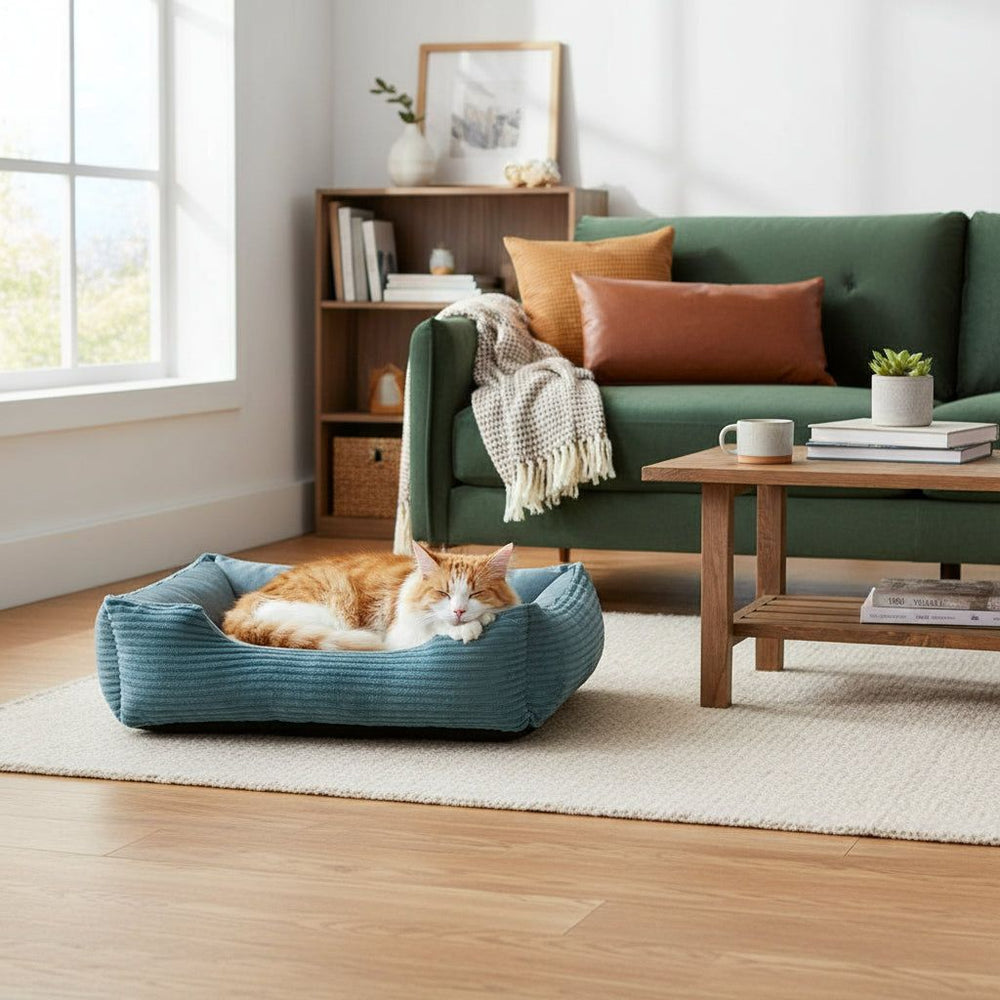 Gemütlicher Wohnraum mit zweifarbigen grünen Sofa, bunten Kissen und einem orangefarbenen Kater auf hellem Teppich.