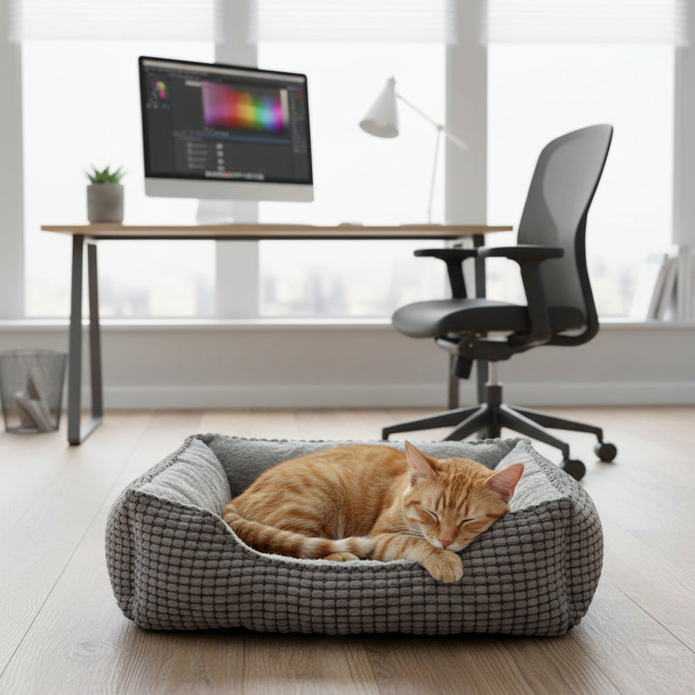 Gemütliche Katzenliege Garik mit orangefarbiger Katze im modernen Raum mit Schreibtisch und großen Fenstern.