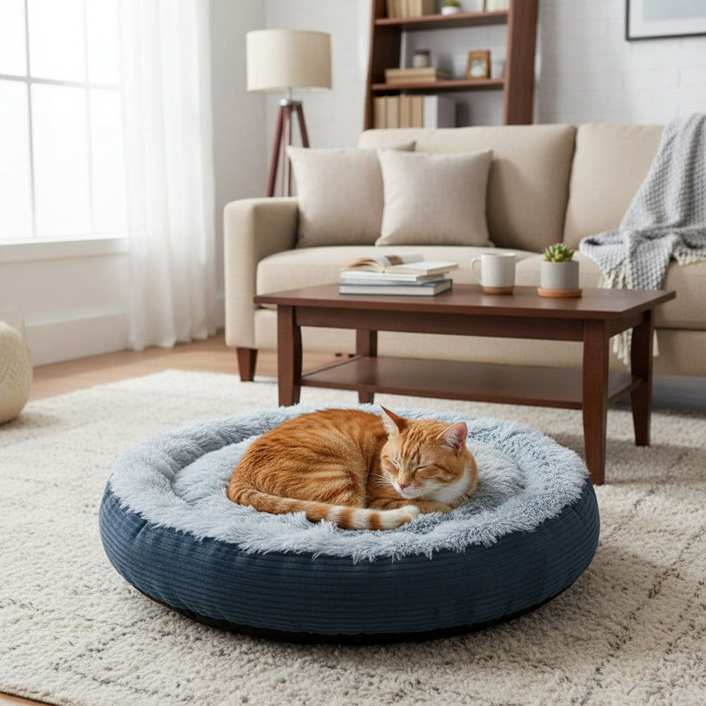 Gemütliches Komfortbett Donut Seda mit grauem Innenfutter und blauem Rand, darauf liegt eine entspannte orangefarbene Katze.