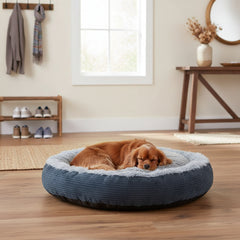 "Schlafender Hund auf rundem Komfortbett Donut Seda in gemütlicher, holzverkleideter Umgebung."