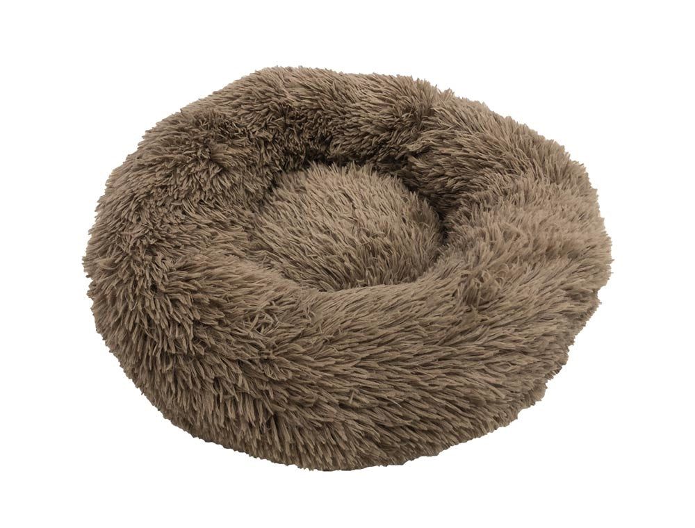 Rundes Kuschelbett "ESLA" in graubraun mit plüschiger Oberfläche und erhöhtem Rand für gemütliches Liegen und Kuscheln.