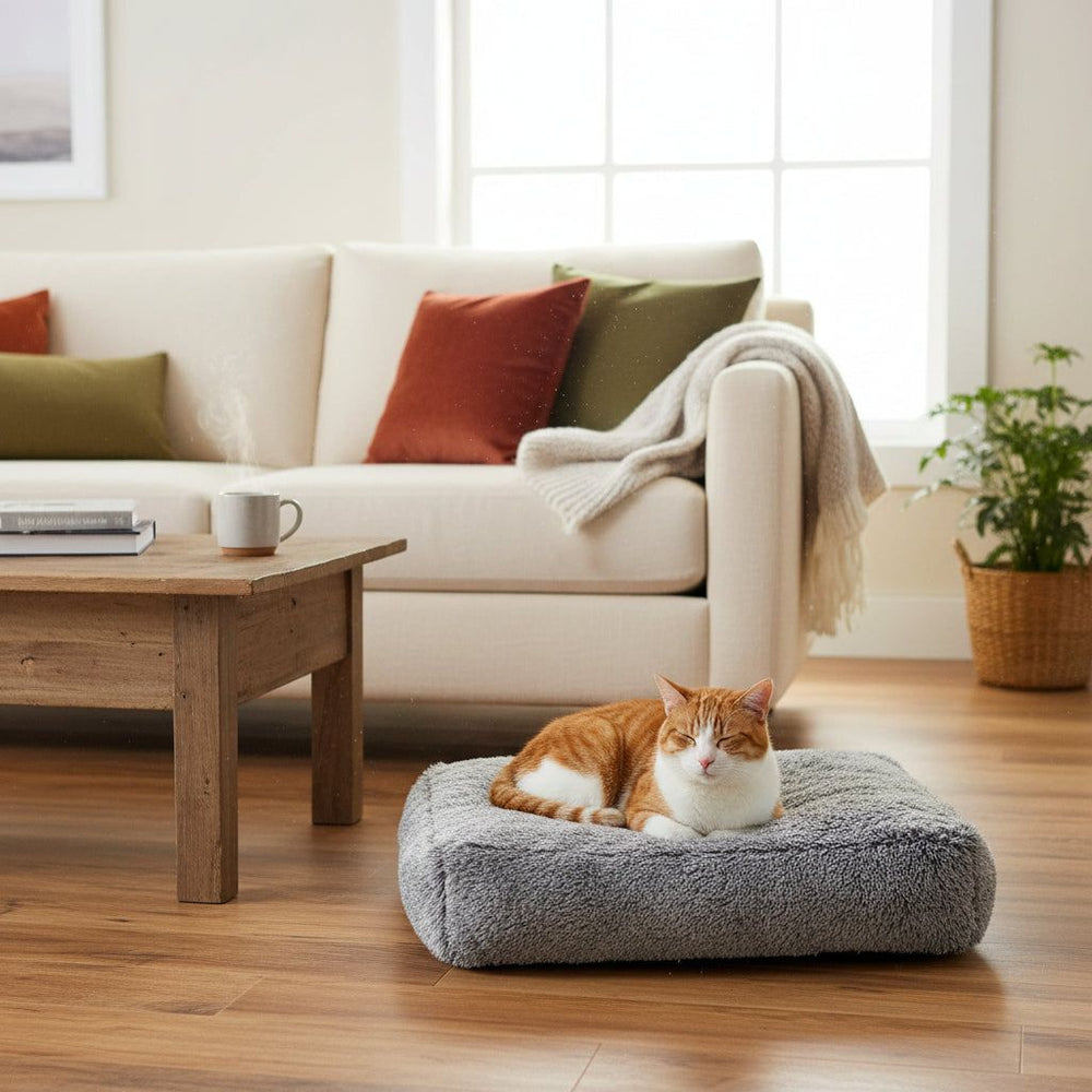 "Gemütliche Wohnzimmercouch mit bunten Komfortkissen Ares, Decke und entspanntem Haustierbett für eine Katze."