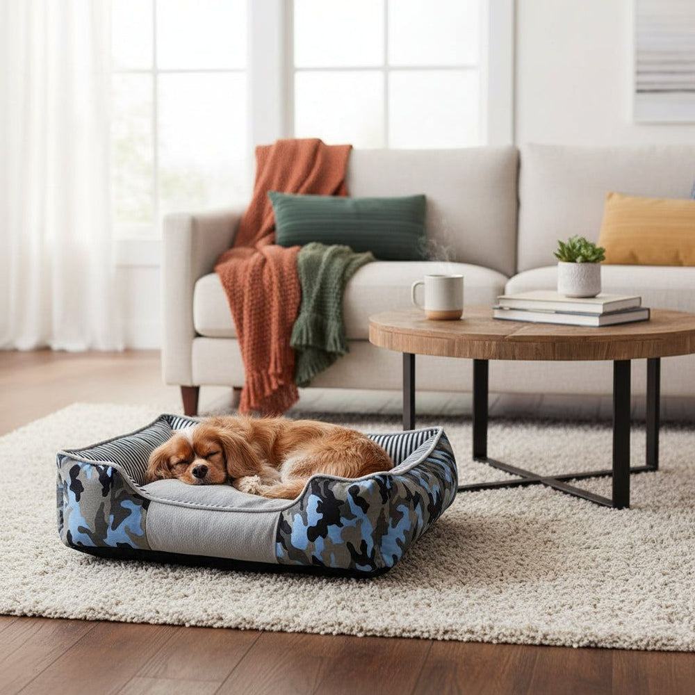 Ein Hund entspannt in einem gepolsterten komfortablen Kissenbett im stilvollen Wohnzimmer.