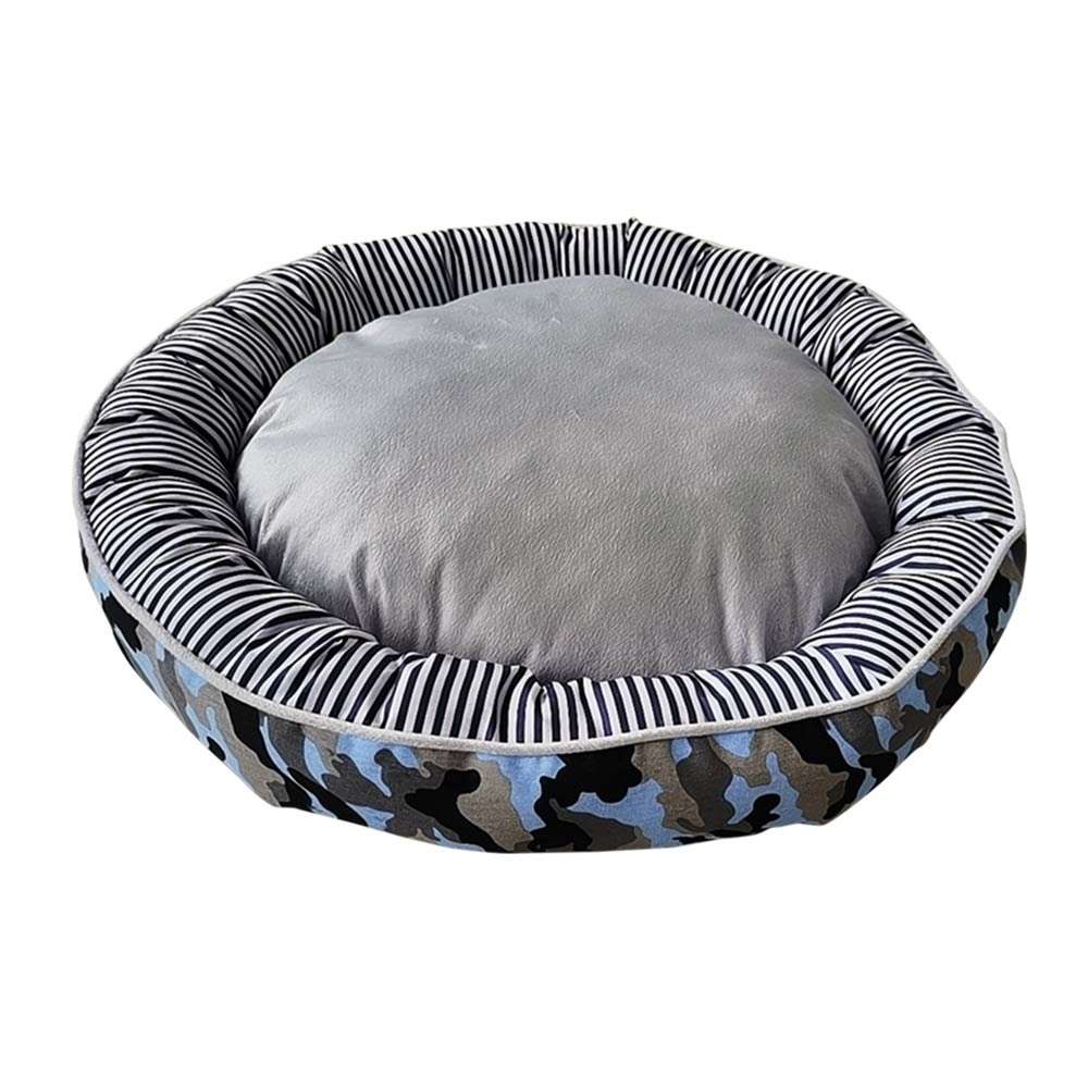 Rundes Komfortbett Donut "ELIO" für Haustiere in Camouflage-Design mit grauem Innenkissen und gestreiftem Rand.
