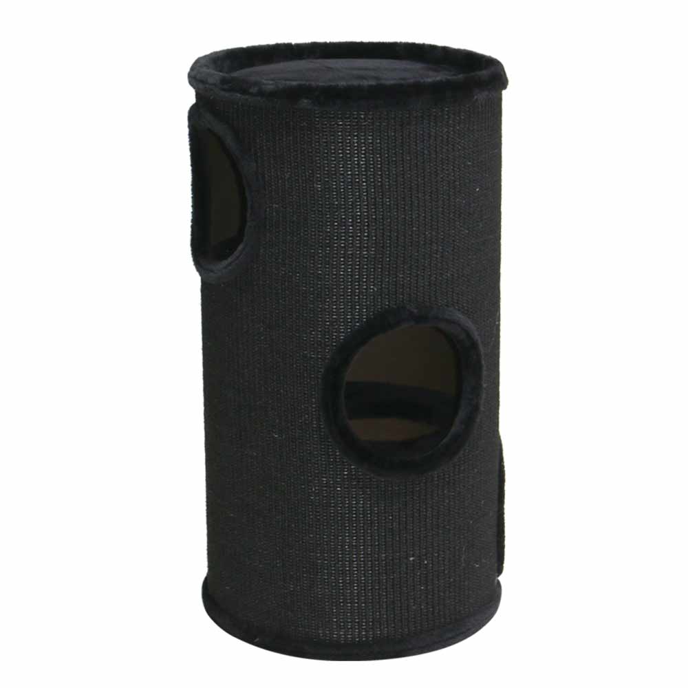 Schwarzer zylindrischer Katzenkratzbaum DASHA mit runden Öffnungen und strapazierfähigem, weichem Material für optimalen Komfort.