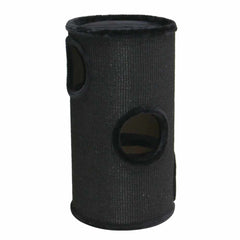 Schwarzer zylindrischer Katzenkratzbaum DASHA mit runden Öffnungen und strapazierfähigem, weichem Material für optimalen Komfort.