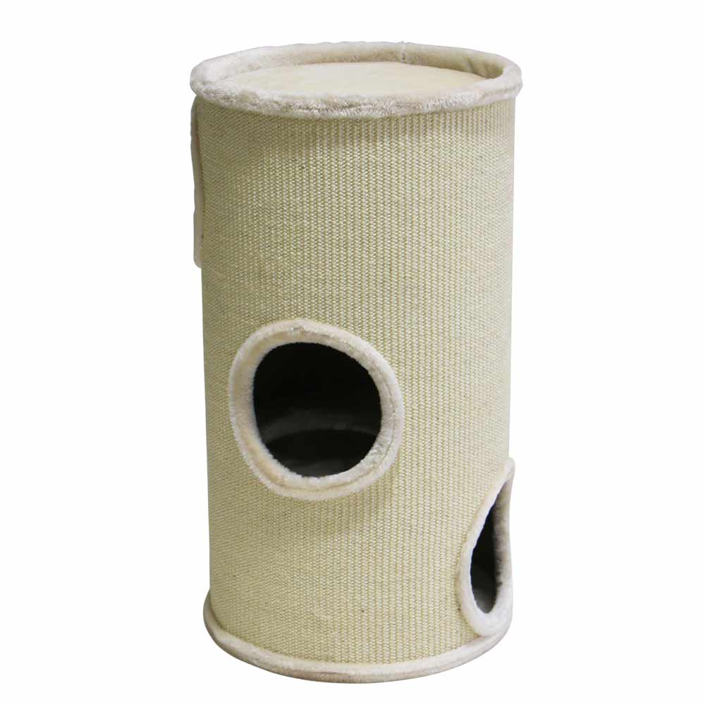 Katzenfreundlicher Spieltunnel DASHA in Beige, zylindrisch mit zwei Öffnungen und abgerundeter Oberkante.