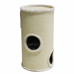 Katzenfreundlicher Spieltunnel DASHA in Beige, zylindrisch mit zwei Öffnungen und abgerundeter Oberkante.