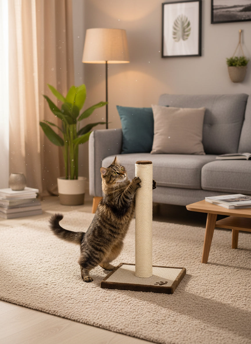 "Katzenkratzbaum CLASSIC II in gemütlichem Wohnzimmer mit gestreifter Katze beim Kratzen auf hellem Teppich."
