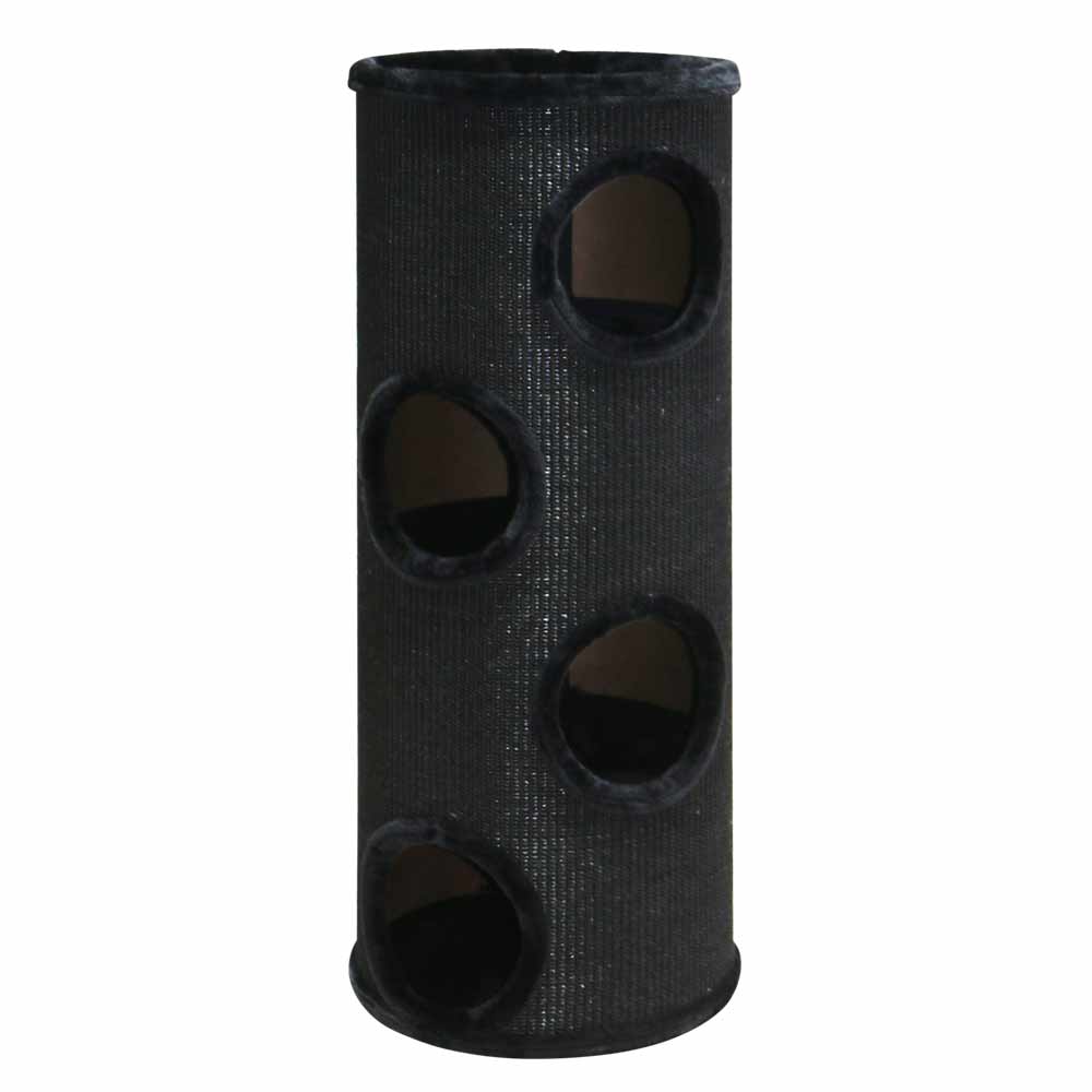 Schwarzer, zylindrischer Katzenkratzbaum DASHA mit Öffnungen und strukturiertem Material, funktionales Design für Katzen.