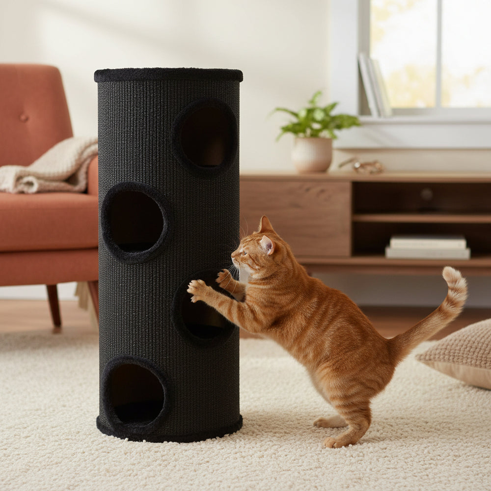 Schwarzer zylindrischer Kratzbaum DASHA mit Öffnungen und orangefarbener Katze, die daran kratzt.