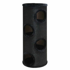 Schwarzer, zylindrischer Katzenkratzbaum DASHA mit Öffnungen und strukturiertem Material, funktionales Design für Katzen.