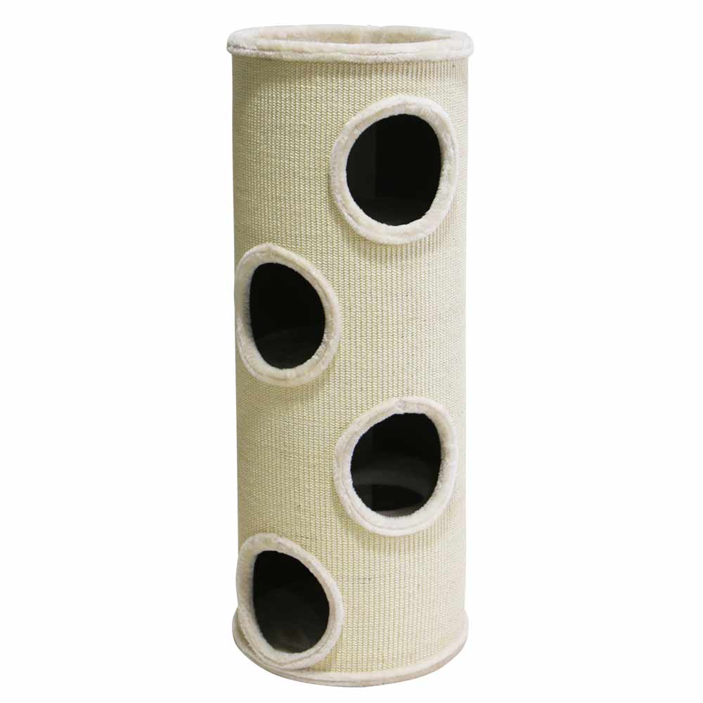 Hochwertiger Katzenkratzbaum DASHA aus hellem Material mit runden Löchern zum Spielen und Verstecken für Katzen.