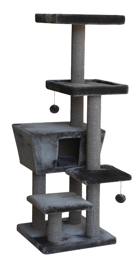 Kratzbaum MOTEGA in Grau mit Höhle, Liegeflächen, Sisal-Säulen und Spielbällen für Katzen.