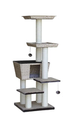 "Mehrstöckiger Kratzbaum 'MOTEGA' mit Plattformen, einer Höhlenplattform und Sisal-Umwicklungen für Katzen."