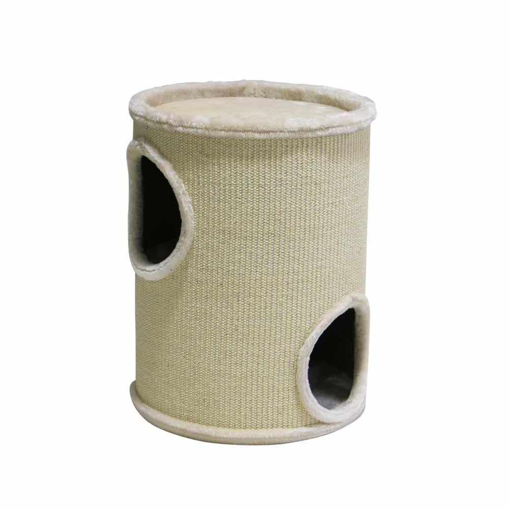 "Beige Katzenkratzbaum DASHA mit weichem Innenfutter und zwei Eingängen für optimalen Spielspaß."