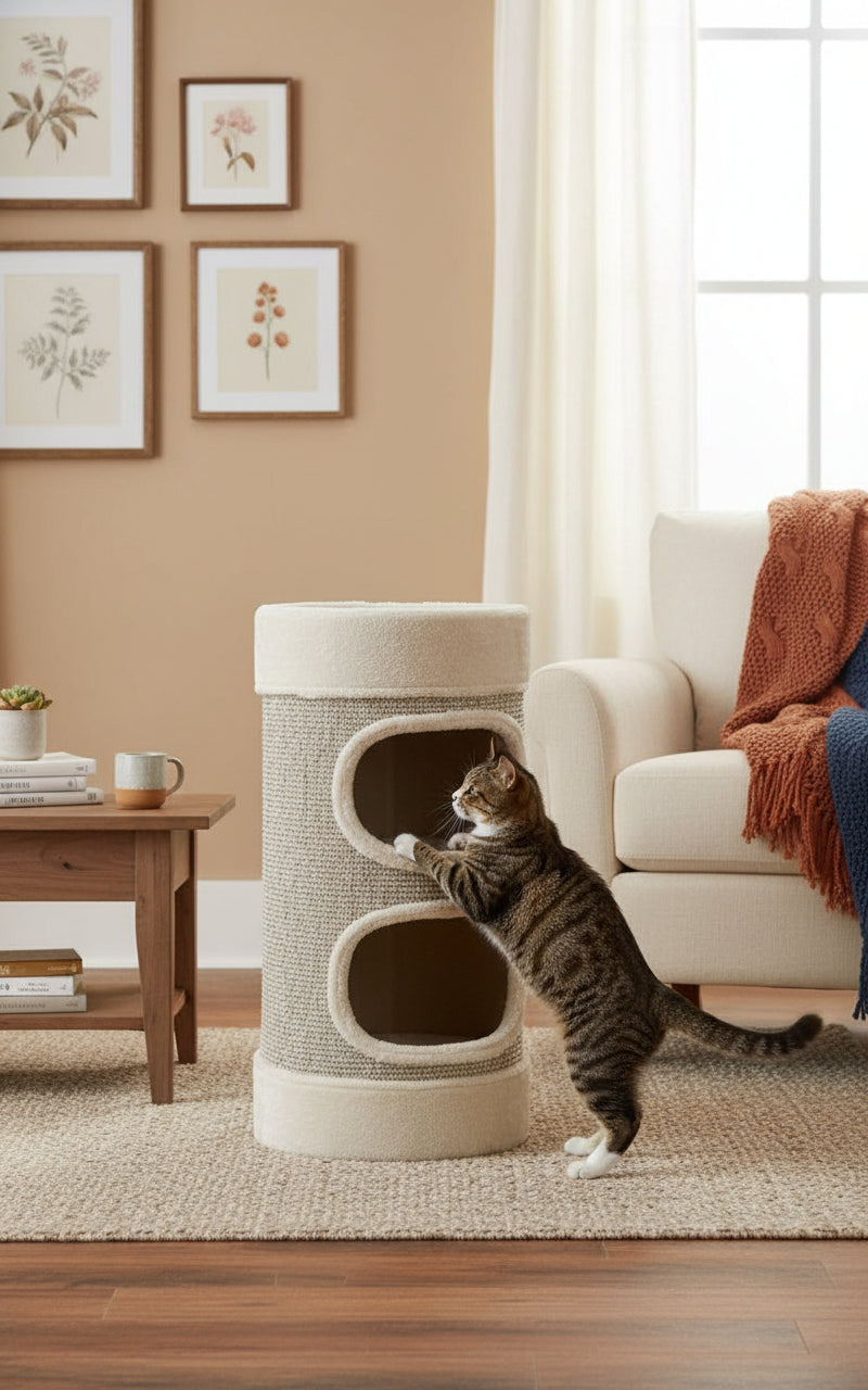 Moderne Kratzbaum LITTLE LAZY mit zwei Öffnungen, ideal für Katzen, in einem stilvollen Wohnraum.