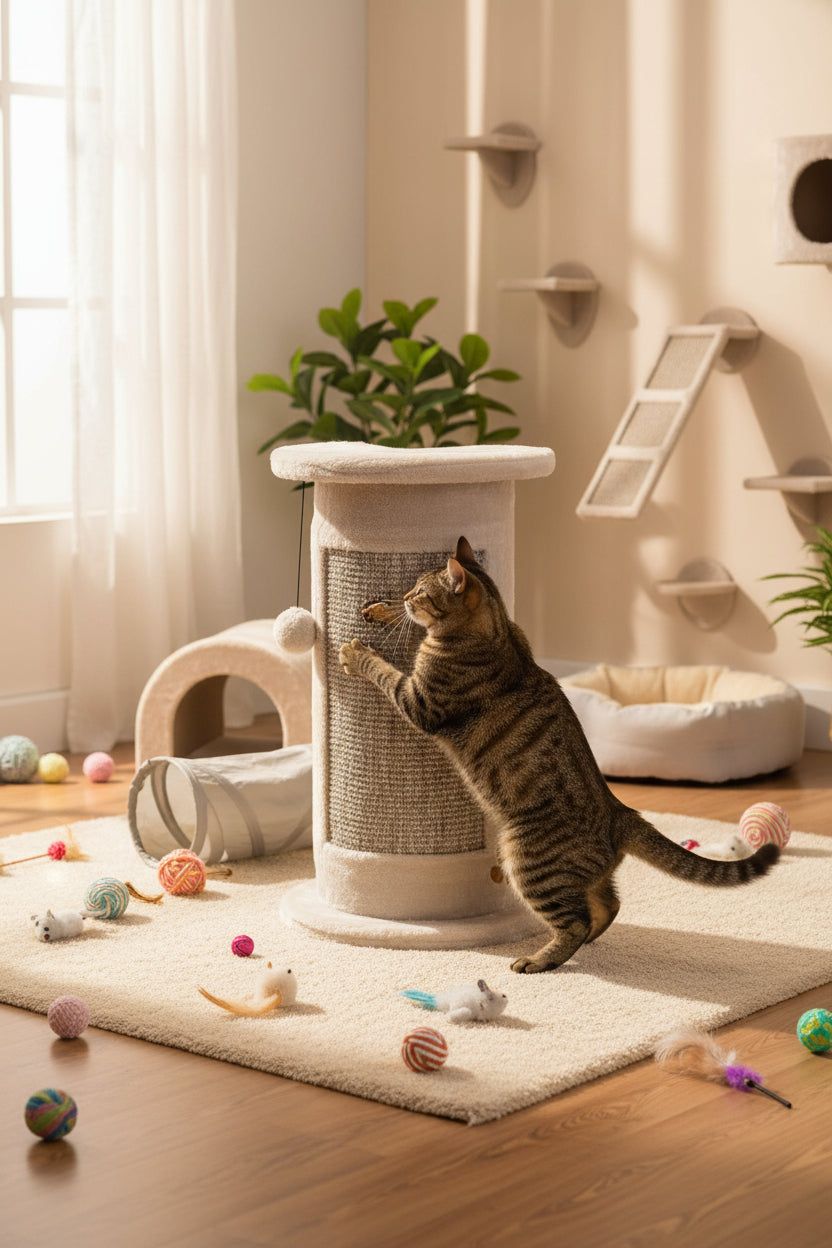 Katze kratzt an beige-farbenem Kratzbaum mit runder Form und Spielkugel auf einem Teppich.