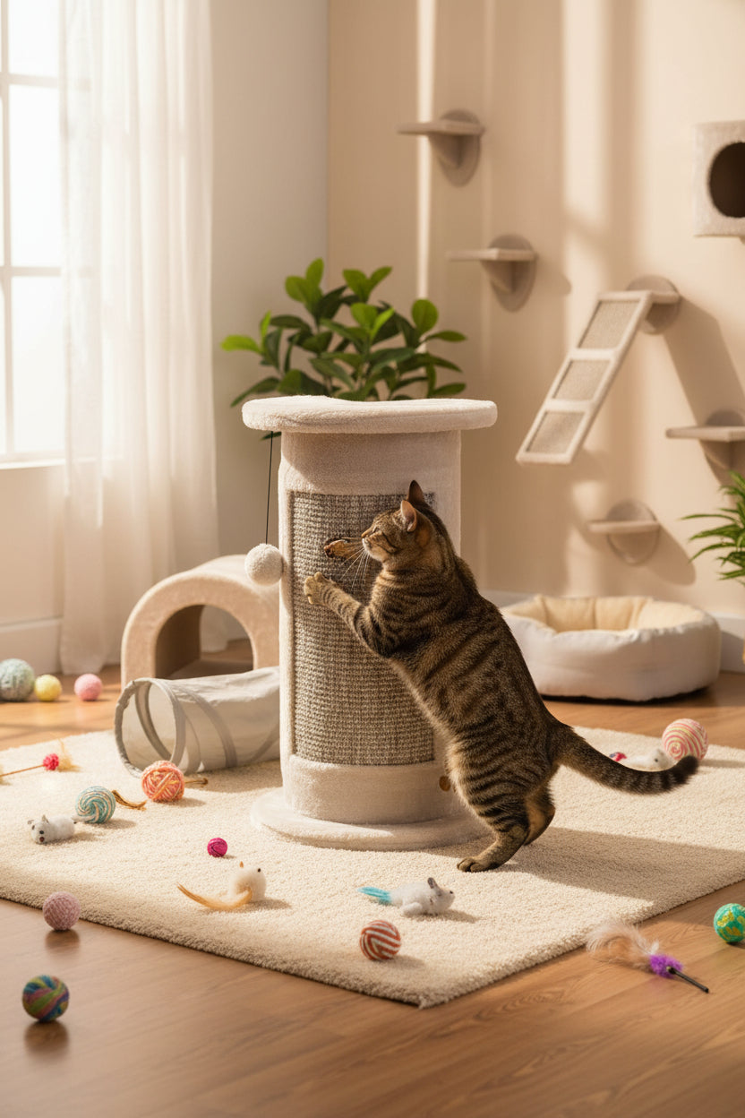 Katze kratzt an beige-farbenem Kratzbaum mit runder Form und Spielkugel auf einem Teppich.