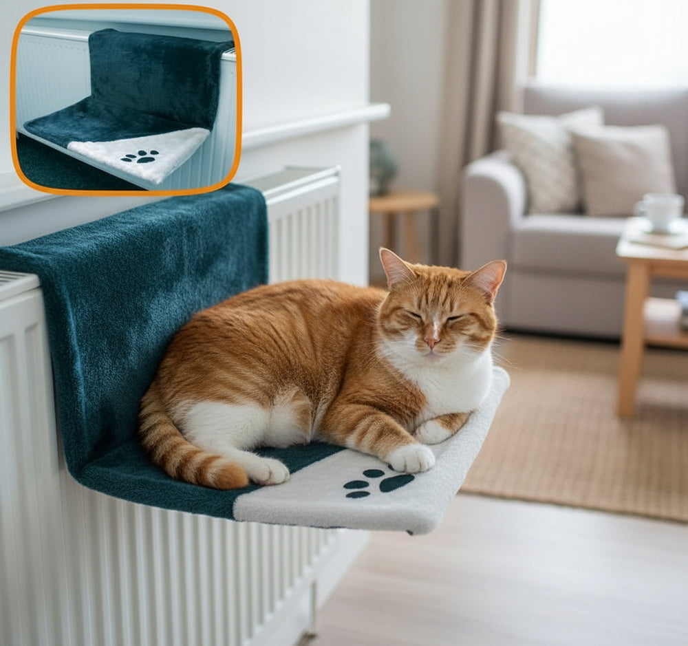 Katzenliege CAT RELAX am Heizkörper, gepolstert in Dunkelgrün und Hellgrau mit Pfotenabdruck für gemütliche Entspannung.