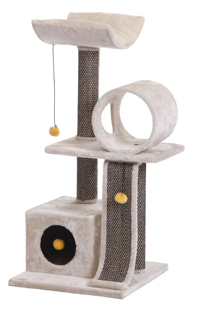 Kratzbaum "KANO Plus" in hellgrau mit stabiler Basis, Spielzeugkugel und Liegefläche für Katzen.