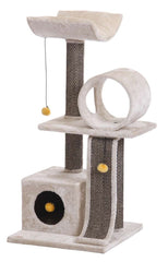 Kratzbaum "KANO Plus" in hellgrau mit stabiler Basis, Spielzeugkugel und Liegefläche für Katzen.