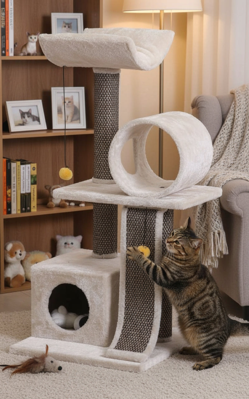 Moderne Katzenbaum "KANO Plus" in hellen Farben mit mehreren Ebenen, Höhle und Kratzbereich, gespielt von einer Katze.