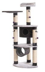 Kratzbaum "SANTOS Plus" mit mehreren Ebenen, Höhle, Tunnel und sisalummantelten Säulen, weich gepolstert in Grau.