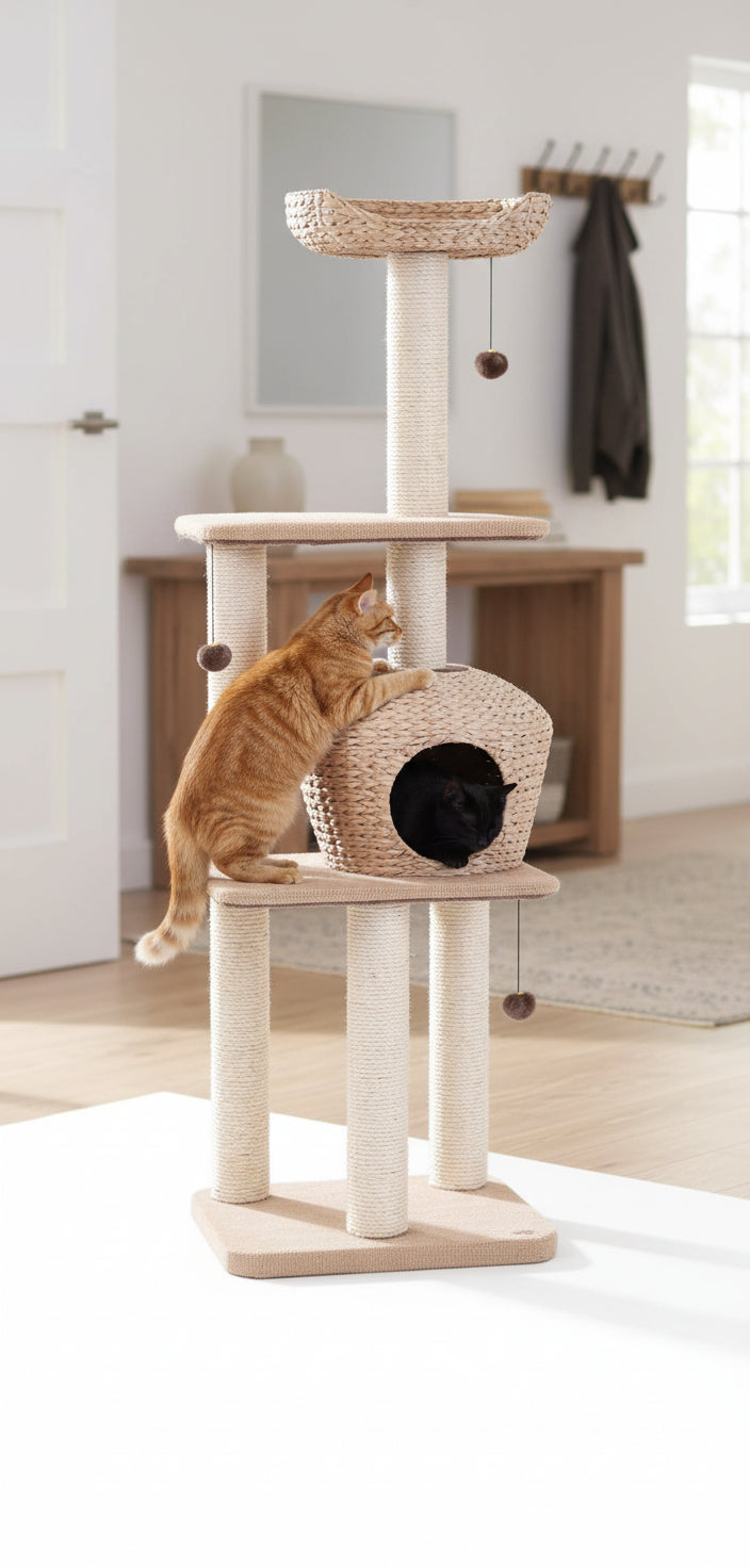 "Moderner, mehrstöckiger Kratzbaum NANUK mit Höhle und Ruheplatz für Katzen im stilvollen Raum."