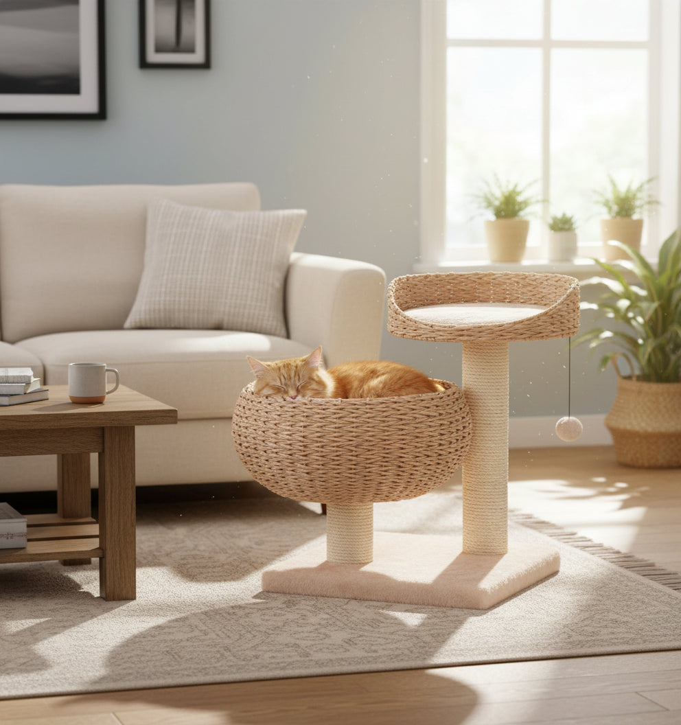 Moderner Kratzbaum CASCA im Wohnzimmer mit schlafender orangefarbener Katze im Korb und Spielball auf dem hohen Platz.