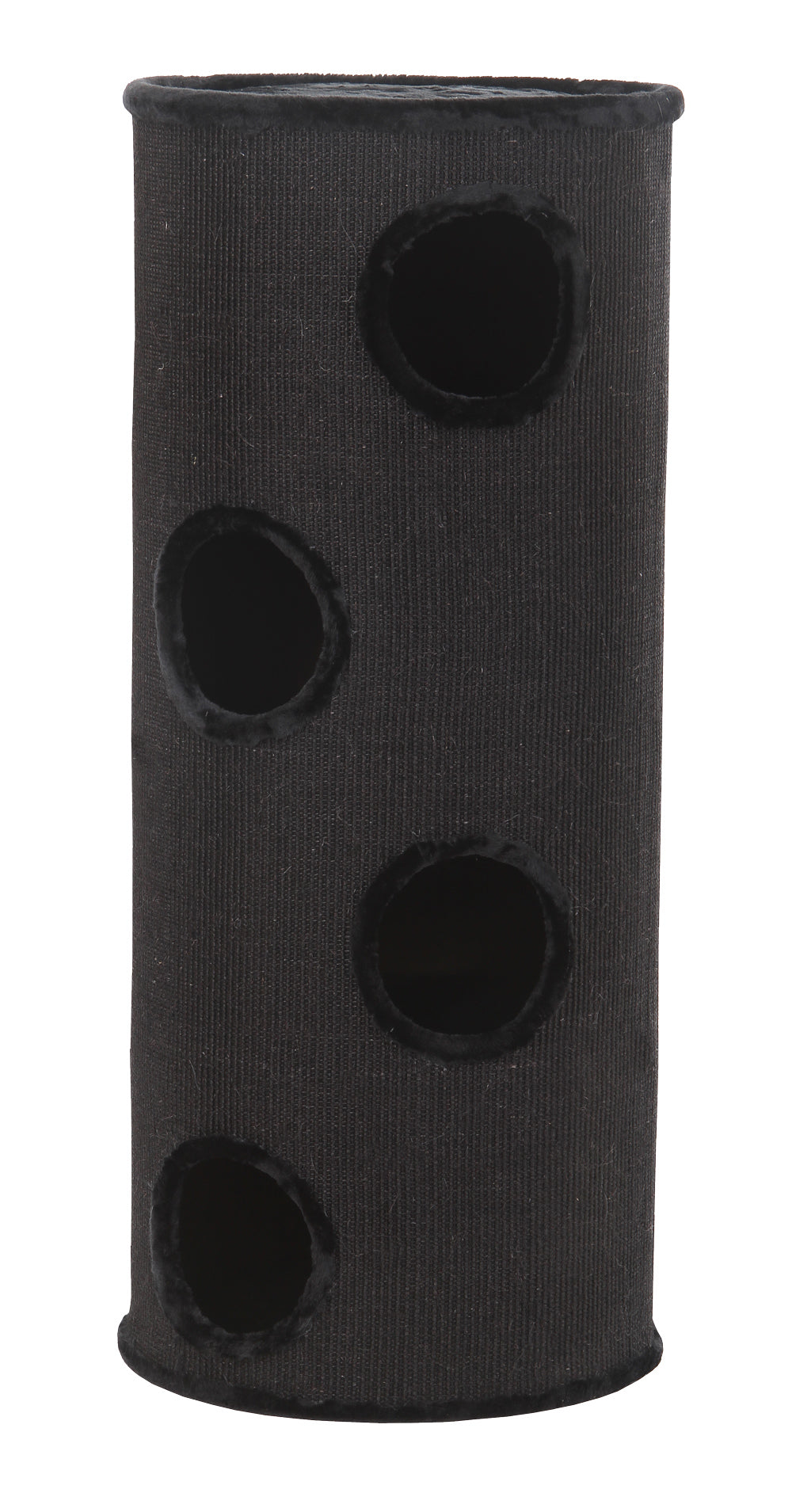 Zylindrischer schwarzer Katzenkratzbaum DASHA mit textilen Öffnungen in verschiedenen Höhen. Ideal zum Kratzen und Spielen.