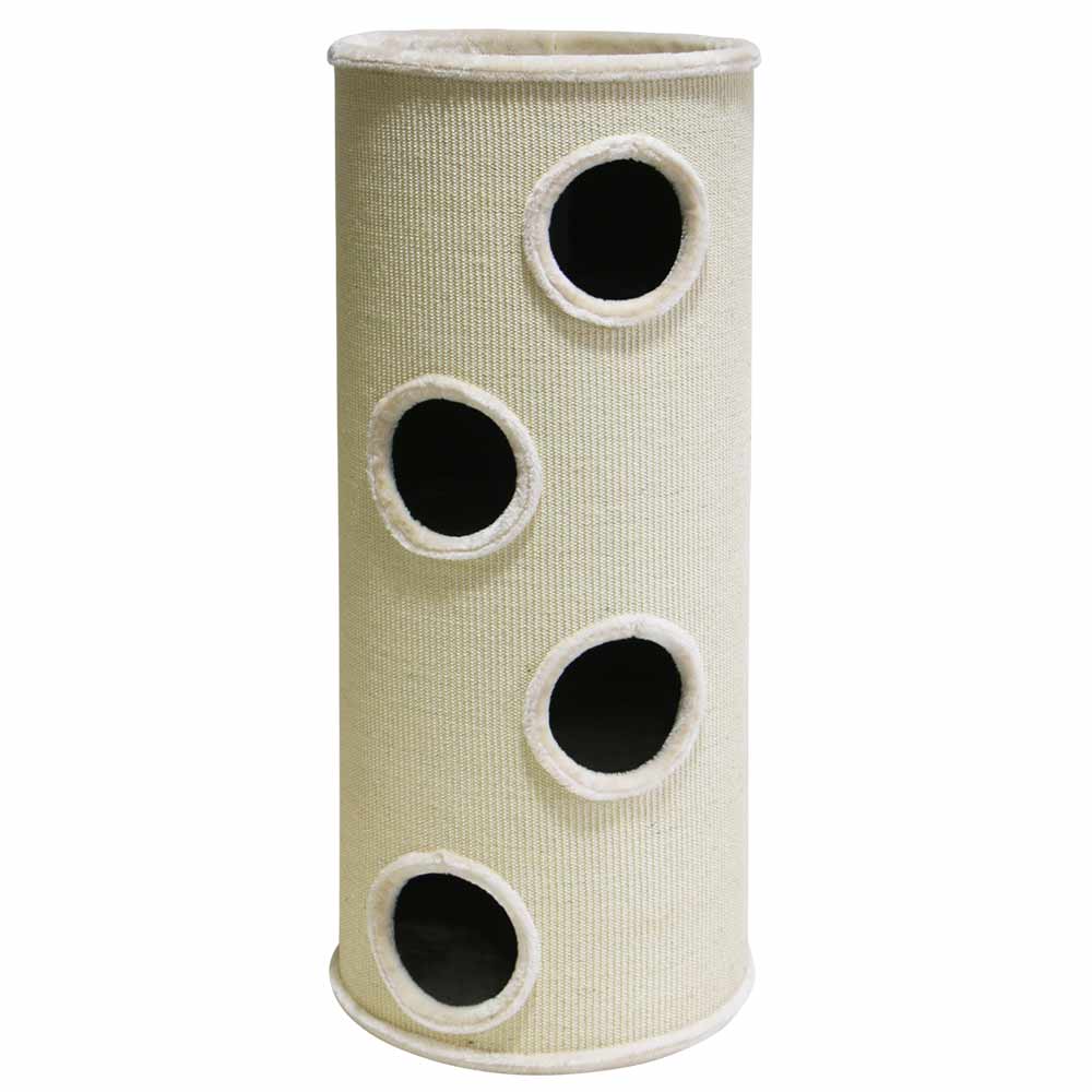 Zylindrischer Kratzbaum DASHA für Katzen in neutralen Farben mit drei runden Eingängen und strapazierfähiger Oberfläche.