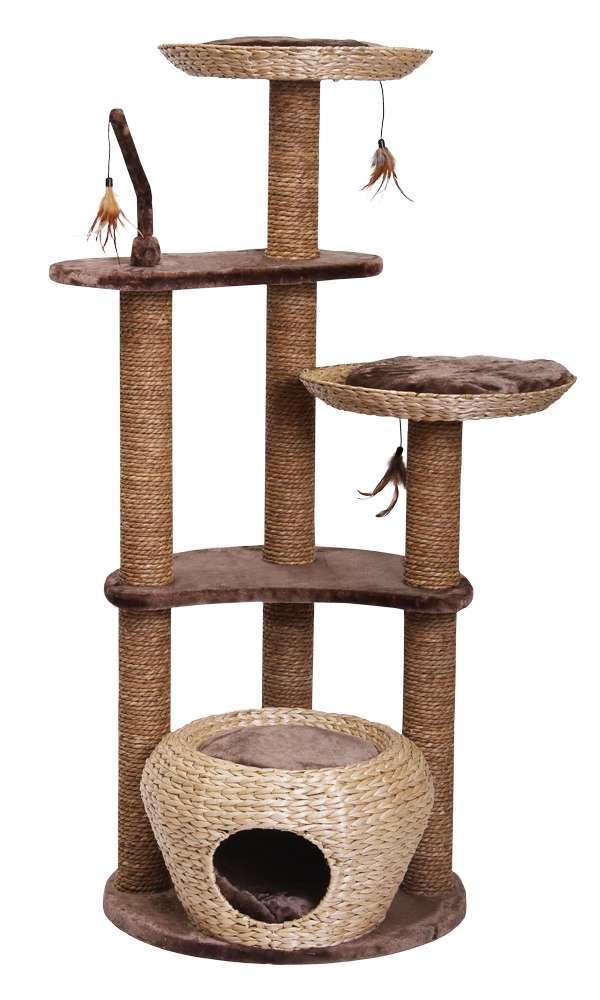 Kratzbaum "ESTACA" mit Sisal, zwei Plattformen, Spielzeug und geflochtener Höhle für Katzen. Ideal zum Kratzen und Spielen.